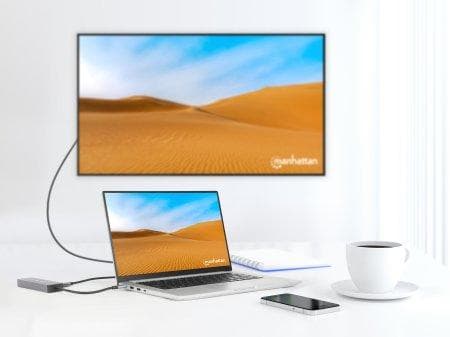 MANHATTAN USB-C 7-i-1 dockningsstation med Power Delivery USB 3.2 Gen 1 Typ C hane till HDMI hona (4K@30Hz), två USB-A-portar (5 Gbit/s), Gigabit RJ45