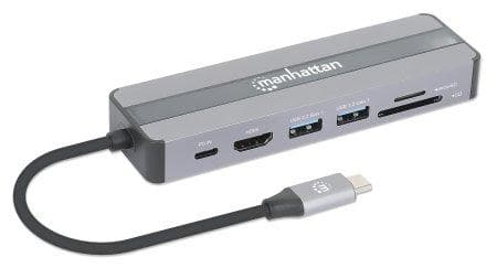 MANHATTAN USB-C 7-i-1 dockningsstation med Power Delivery USB 3.2 Gen 1 Typ C hane till HDMI hona (4K@30Hz), två USB-A-portar (5 Gbit/s), Gigabit RJ45