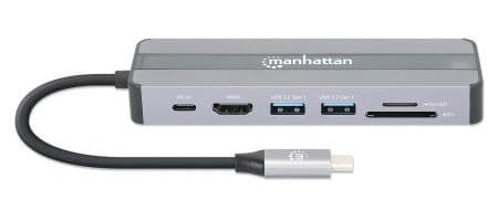 MANHATTAN USB-C 7-i-1 dockningsstation med Power Delivery USB 3.2 Gen 1 Typ C hane till HDMI hona (4K@30Hz), två USB-A-portar (5 Gbit/s), Gigabit RJ45