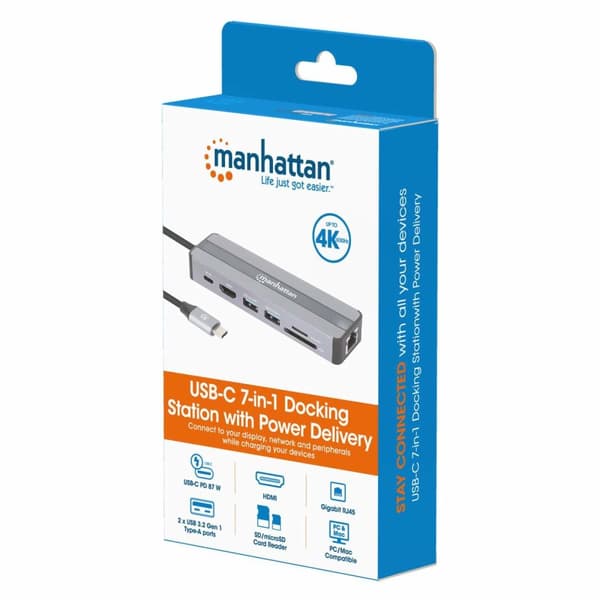 MANHATTAN USB-C 7-i-1 dockningsstation med Power Delivery USB 3.2 Gen 1 Typ C hane till HDMI hona (4K@30Hz), två USB-A-portar (5 Gbit/s), Gigabit RJ45