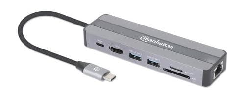MANHATTAN USB-C 7-i-1 dockningsstation med Power Delivery USB 3.2 Gen 1 Typ C hane till HDMI hona (4K@30Hz), två USB-A-portar (5 Gbit/s), Gigabit RJ45