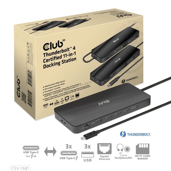 Club 3D - Telakointiasema - USB-C / Thunderbolt 3 / Thunderbolt 4 - 3 x Thunderbolt 4 - GigE - 140 wattia (CSV-1581)