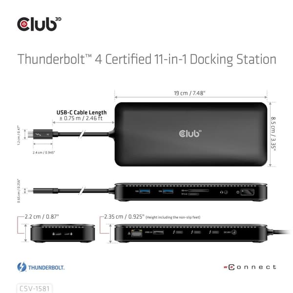 Club 3D - Telakointiasema - USB-C / Thunderbolt 3 / Thunderbolt 4 - 3 x Thunderbolt 4 - GigE - 140 wattia (CSV-1581)