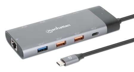MANHATTAN USB-C PD 10-i-1 Dual Monitor 8K dockingstation / Multiport Hub USB 3.2 Gen 2 Type C-stik til to HDMI-porte (op til 8K ved 30 Hz), fem USB-A-