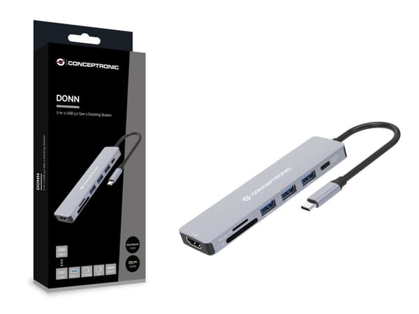 CONCEPTRONIC Dock USB-C-> 7-i-1 HDMI, USB3.0, SD, 100WPD grå (DONN19G)