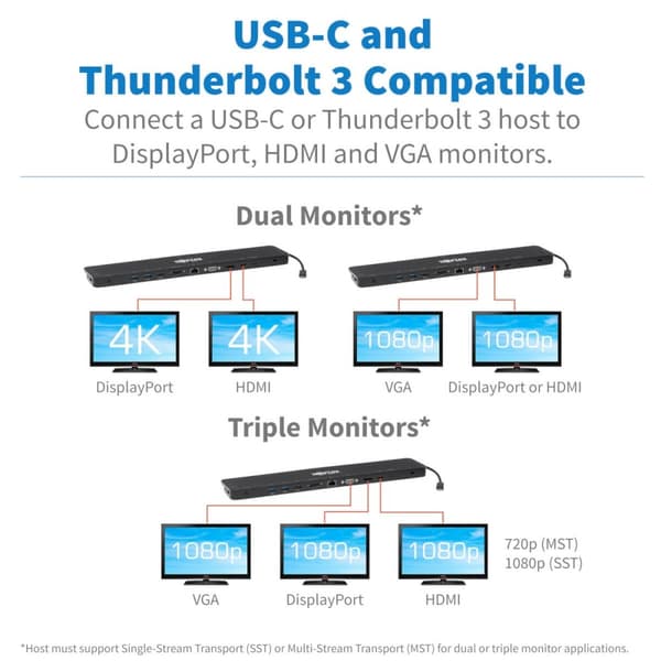 Tripp Lite -kolminäytön USB C -telakointiasema USB C -telakointiasema, jossa 4K HDMI ja DisplayPort, VGA - USB-A/C, GbE, 100 W PD, musta - Telakointia