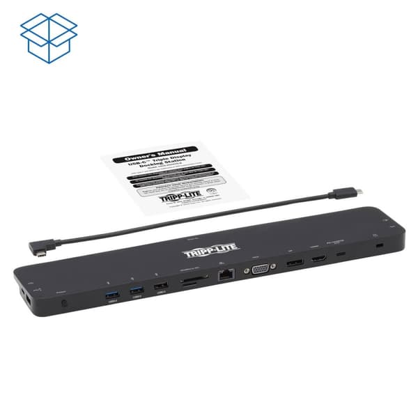 Tripp Lite -kolminäytön USB C -telakointiasema USB C -telakointiasema, jossa 4K HDMI ja DisplayPort, VGA - USB-A/C, GbE, 100 W PD, musta - Telakointia