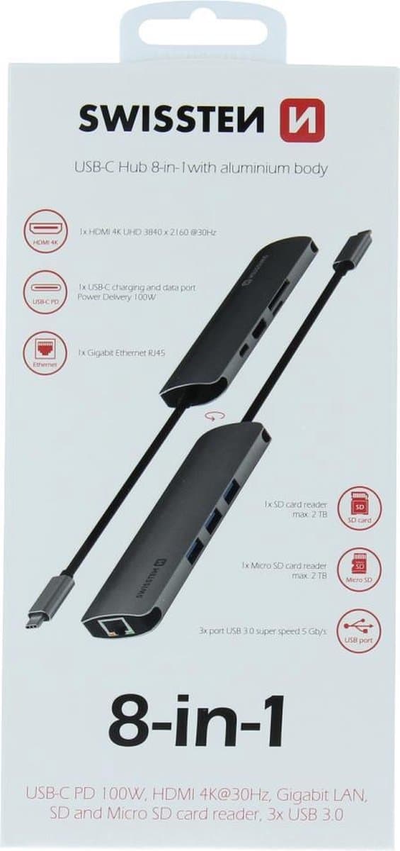 Swissten Aluminium 8 in 1 USB-C -keskitinsovitin Macbookille - harmaa