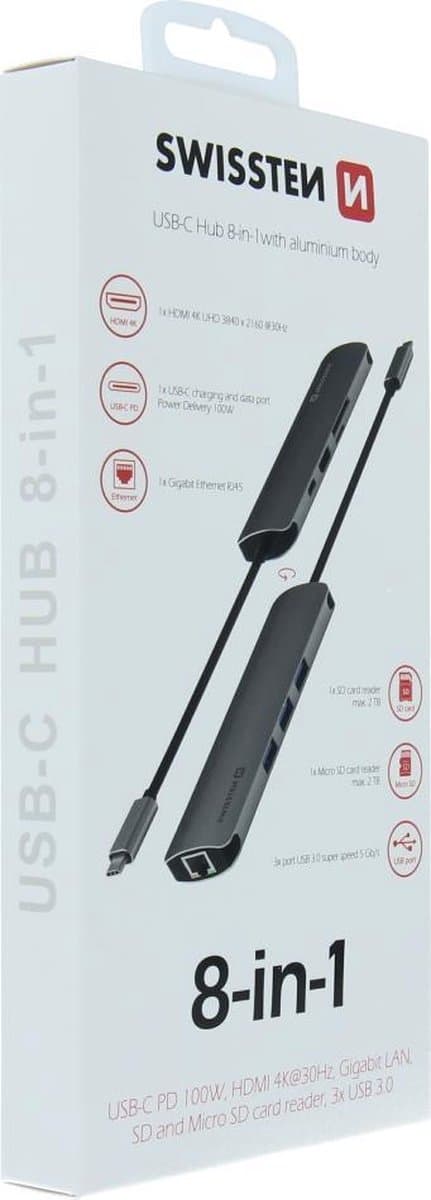 Swissten Aluminium 8 in 1 USB-C -keskitinsovitin Macbookille - harmaa