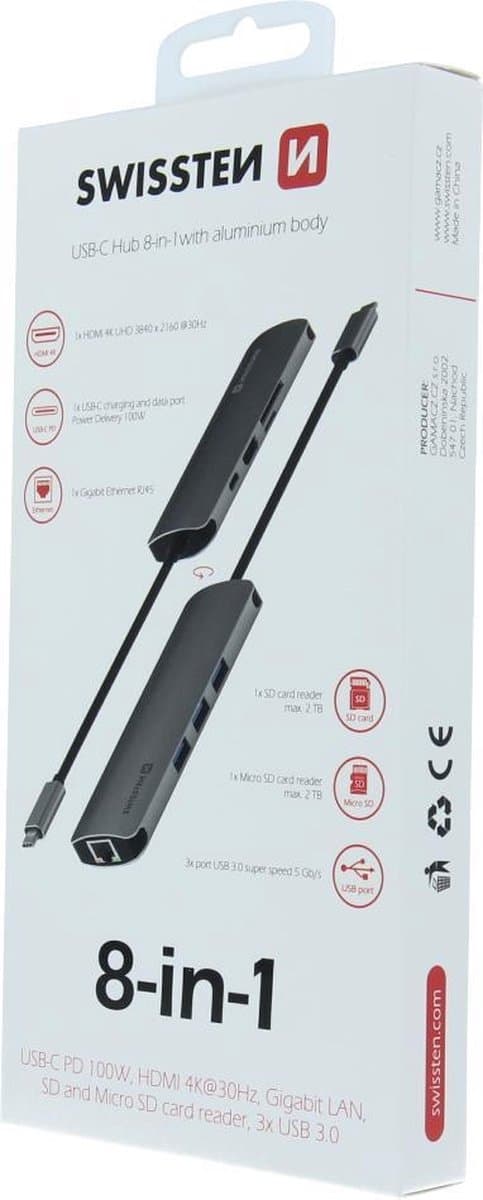 Swissten Aluminium 8 in 1 USB-C -keskitinsovitin Macbookille - harmaa