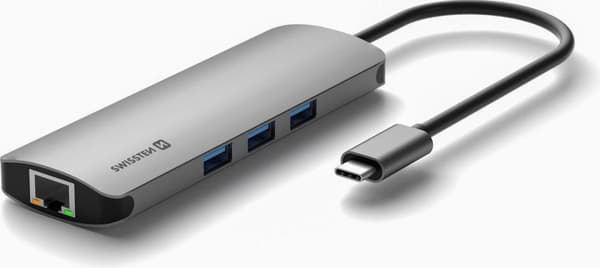 Swissten Aluminium 8 in 1 USB-C -keskitinsovitin Macbookille - harmaa