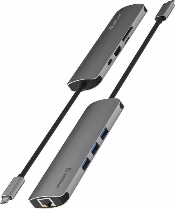 Swissten Aluminium 8 i 1 USB-C Hub Adapter til Macbook - Grå