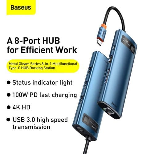 DOCKING Station Baseus Metal Gleam,conectare PC USB-C, USB 3.0x3, 1xSD/MicroSD,USB-C x 1 PD 100W 5V/9V/14.5V/20V 5A(Max.),Gigabit RJ-45x1,HDMIx1/4K/30