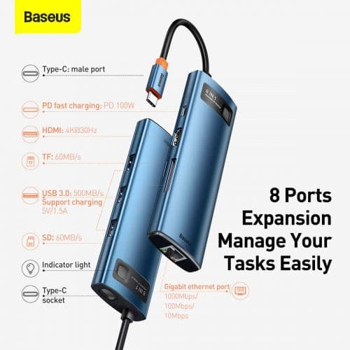 DOCKING Station Baseus Metal Gleam,conectare PC USB-C, USB 3.0x3, 1xSD/MicroSD,USB-C x 1 PD 100W 5V/9V/14.5V/20V 5A(Max.),Gigabit RJ-45x1,HDMIx1/4K/30