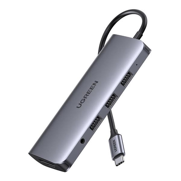 DOCKING Station Ugreen, "CM179" conec PC USB-C, USB 3.0x3|cititor SD/micro SDx1|RJ-45x1|HDMI 4Kx1|VGAx1|USB-C cu PD 100W x 1|jack 3.5mm x 1, aluminiu,