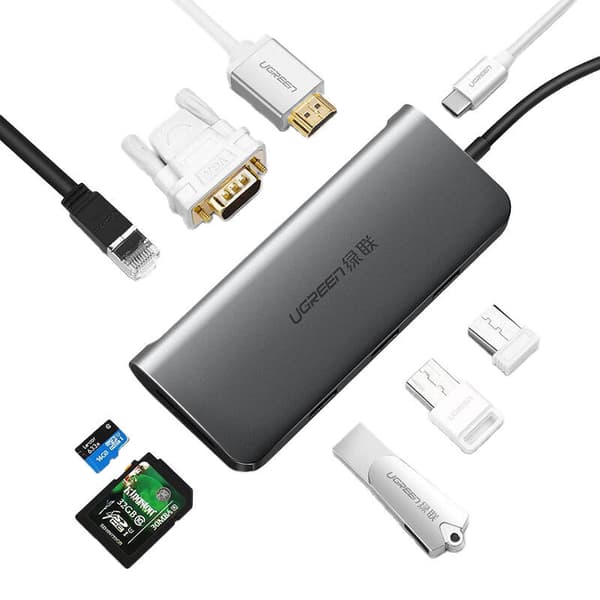 DOCKING Station Ugreen, "CM179" conec PC USB Type-C, USB 3.0x3|cititor SD/micro SDx1|Gigabit RJ-45x1|HDMI 4KCx1|VGAx1|USB-C cu PD 100Wx1, aluminiu, gr