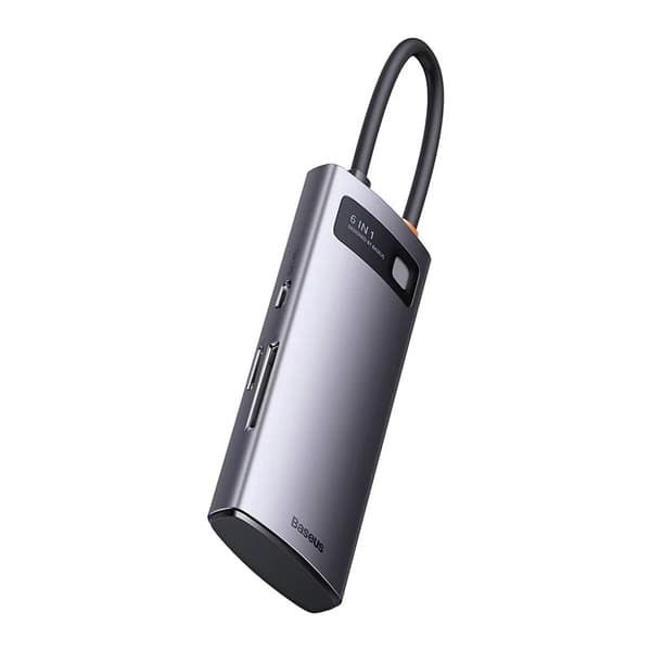 DOCKING Station Baseus Metal Gleam, conectare PC USB Type-C, USB 3.0 x 3, USB Type C x 1 PD 20V/5A, card reader SD/microSD, gri "WKWG030213" (timbru v