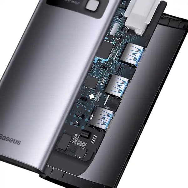 DOCKING Station Baseus Metal Gleam, conectare PC USB Type-C, USB 3.0 x 3, USB Type C x 1 PD 20V/5A, card reader SD/microSD, gri "WKWG030213" (timbru v
