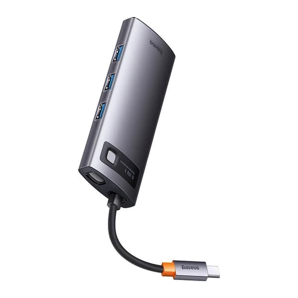 DOCKING Station Baseus Metal Gleam, conectare PC USB Type-C, USB 3.0 x 3, USB Type C x 1 PD 20V/5A, card reader SD/microSD, gri "WKWG030213" (timbru v