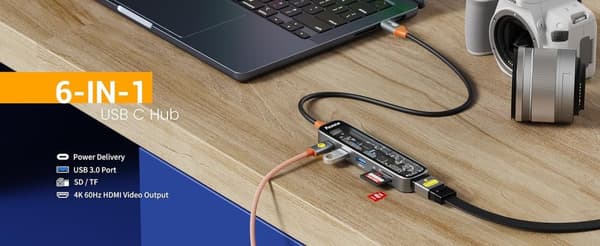 NÖRDIC USB-C 1 til 6 huber 1xHDMI4K60Hz 1xUSB-C PD 100W 2xUSB-A 5Gbps 1xSD 1xMicro SD