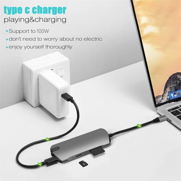 INF 8-i-1 USB-C Hub med USB 3.0, HDMI, RJ45, SD/TF-kortplats, 100W PD-laddning