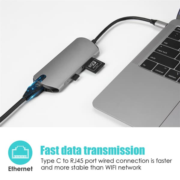 INF 8-i-1 USB-C Hub med USB 3.0, HDMI, RJ45, SD/TF-kortplats, 100W PD-laddning