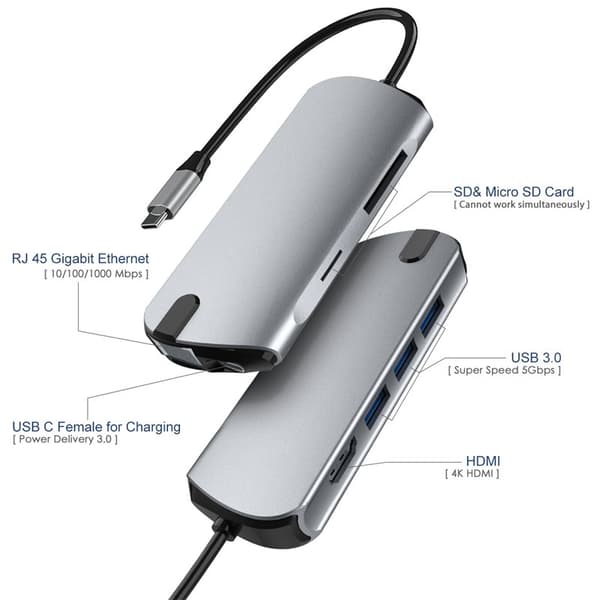 INF 8-i-1 USB-C Hub med USB 3.0, HDMI, RJ45, SD/TF-kortplats, 100W PD-laddning