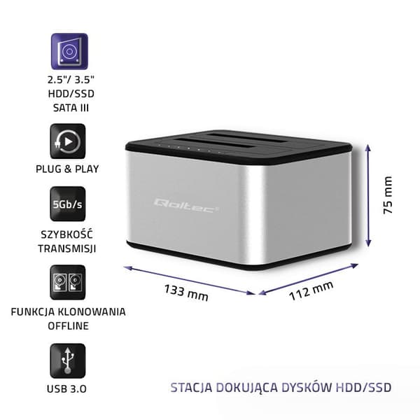 Qoltec 5316 2x HDD / SSD dockingstation | 2,5"/3,5" SATA | USB 3.0 | Kloning