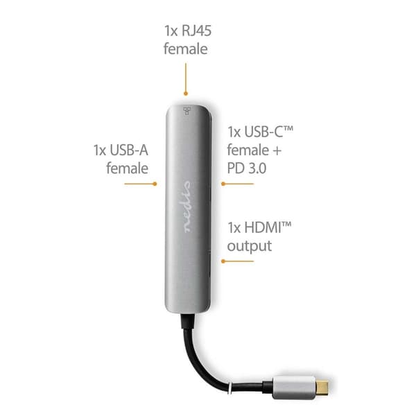 Nedis USB Multi-Port Adapter | 4-i-1 | USB 3.2 Gen 1 | USB-C™ Hann | HDMI™ Output / RJ45 Hun / USB-A Hun / USB-C™ Hunn | 5 Gbps | 0.20 m | Rund | Gull