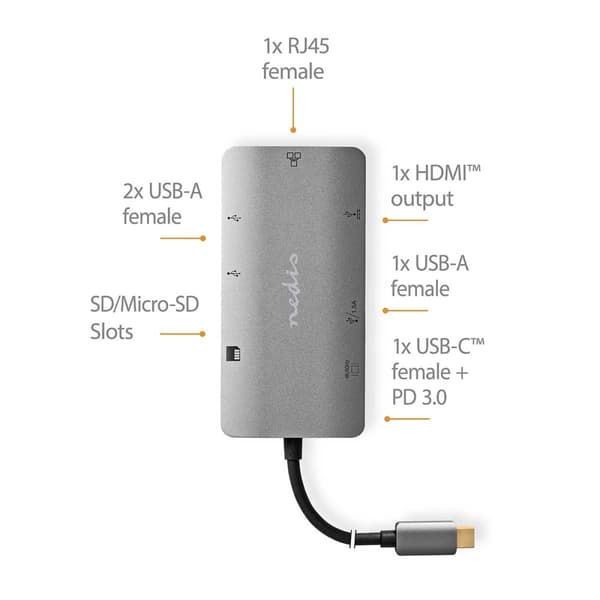 Nedis USB Multi-Port Adapter | 7-i-1 | USB 3.2 Gen 1 | USB-C™ Hane | HDMI™ Utgång / Micro SD / RJ45 Hona / SD / USB-C™ Hona / 3x USB-A Hona | 5 Gbps |