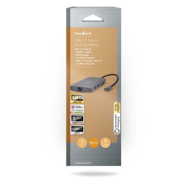 Nedis USB Multi-Port Adapter | 7-i-1 | USB 3.2 Gen 1 | USB-C™ Hane | HDMI™ Utgång / Micro SD / RJ45 Hona / SD / USB-C™ Hona / 3x USB-A Hona | 5 Gbps |