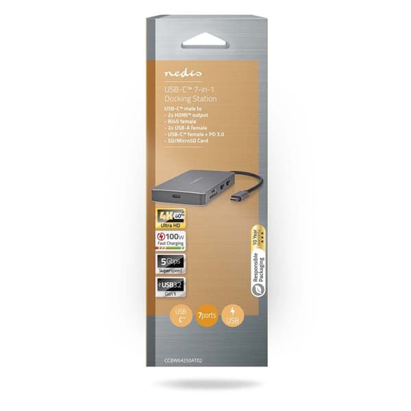 Nedis USB Multi-Port Adapter | 7-i-1 | USB 3.2 Gen 1 | USB-C™ Hane | Micro SD / RJ45 Hona / SD / USB-C™ Hona / 2x HDMI™ / 2x USB-A Hona | 5 Gbps | 0.2