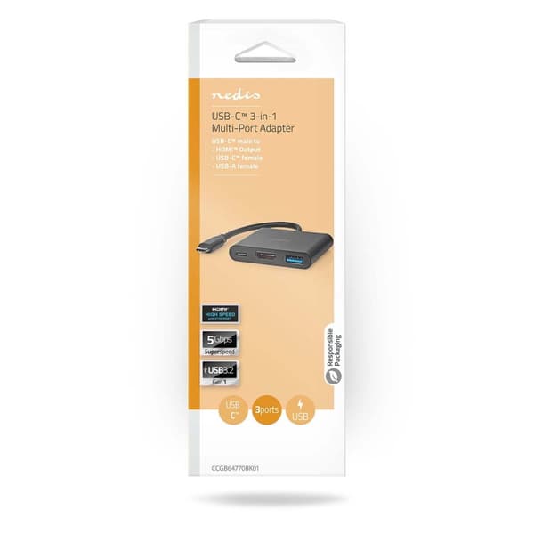 Nedis USB Multi-Port Adapter | 3-in-1 | USB 3.2 Gen 1 | USB-C™ Han | HDMI ™ -udgang / USB-A Hun / USB-C™ Hun | 5 Gbps | 0.10 m | Runde | Nikkelplatere