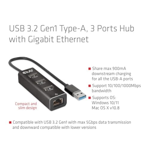 Club 3D CSV-1430A USB 3.2 Gen1 Typ-A, 3-portars hubb med Gigabit Ethernet
