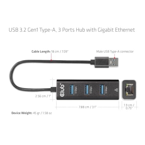 Club 3D CSV-1430A USB 3.2 Gen1 Typ-A, 3-portars hubb med Gigabit Ethernet