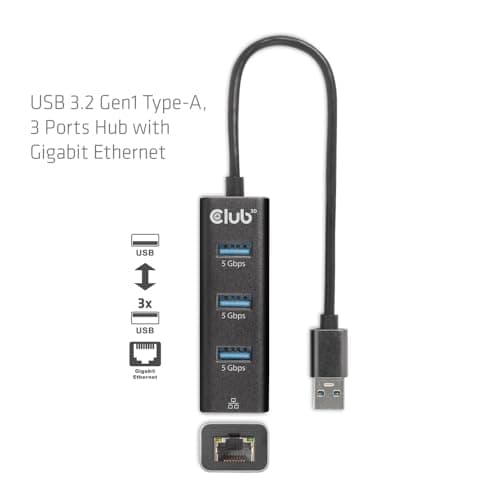 Club 3D CSV-1430A USB 3.2 Gen1 Typ-A, 3-portars hubb med Gigabit Ethernet