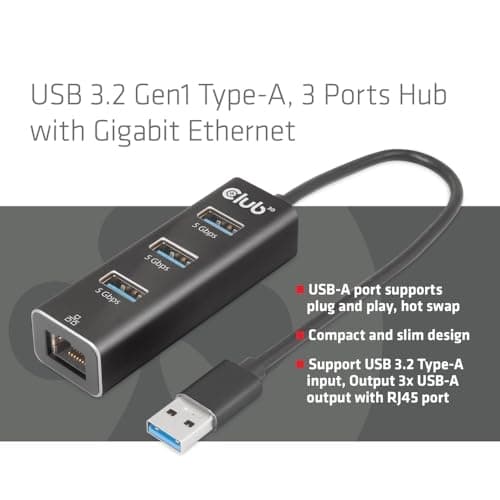 Club 3D CSV-1430A USB 3.2 Gen1 Typ-A, 3-portars hubb med Gigabit Ethernet