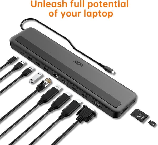 Acer 13-i-1 dockingstander - Dockingstation - USB-C - VGA, 2 x HDMI, DP - 1GbE (HP.DSCAB.015)