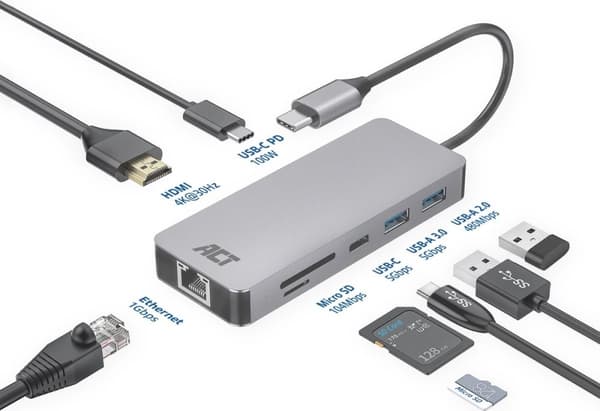 ACT AC7092 - HDMI - RJ-45 - USB 3.2 Gen 1 (3.1 Gen 1) Typ-A - USB 3.2 Gen 1 (3.1 Gen 1) Typ-C - Mi