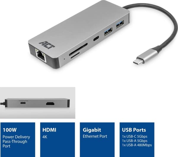 ACT AC7092 - HDMI - RJ-45 - USB 3.2 Gen 1 (3.1 Gen 1) Typ-A - USB 3.2 Gen 1 (3.1 Gen 1) Typ-C - Mi