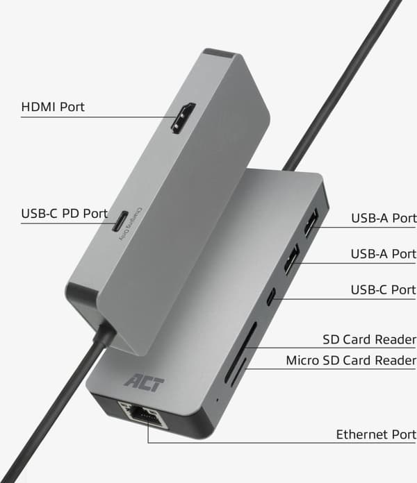 ACT AC7092 - HDMI - RJ-45 - USB 3.2 Gen 1 (3.1 Gen 1) Typ-A - USB 3.2 Gen 1 (3.1 Gen 1) Typ-C - Mi