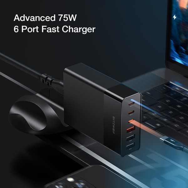BW-S25 75W 6 Ports Desktop Ladestation Oplader PPS PD3.0 QC3.0 SCP Hurtig opladning, EU-stik enkelt oplader