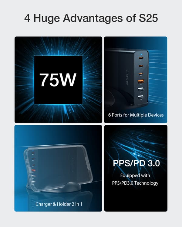 BW-S25 75W 6 Ports Desktop Ladestation Oplader PPS PD3.0 QC3.0 SCP Hurtig opladning, EU-stik enkelt oplader
