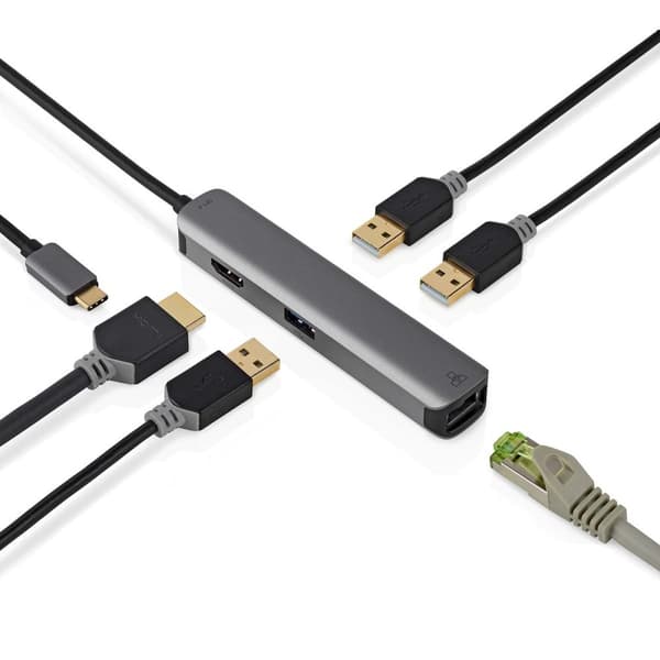 Nedis USB Multi-Port Adapter | 5-i-1 | USB 3.2 Gen 1 | USB-C™ Han | HDMI ™ -udgang / RJ45 Hun / 3x USB-A Hun | 5 Gbps | 0.20 m | Runde | Guldplateret