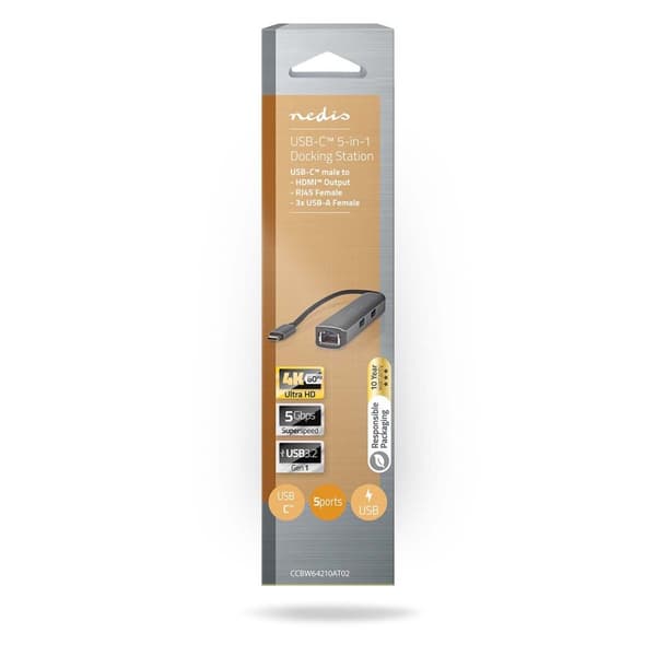 Nedis USB Multi-Port Adapter | 5-i-1 | USB 3.2 Gen 1 | USB-C™ Han | HDMI ™ -udgang / RJ45 Hun / 3x USB-A Hun | 5 Gbps | 0.20 m | Runde | Guldplateret