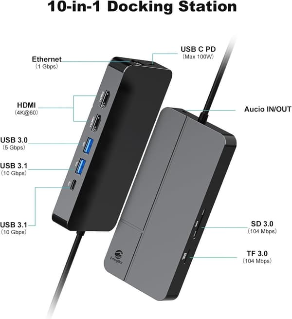 NÖRDIC USB-C Dockningstation 1 till 10 med 2xHDMI 4K60Hz 1xPD100W 1xRJ45 GigaLan 1xSD/MicroSD 2xUSB-A 1xUSB-C 1xAudio stöd MacBook M1, M2, M3, och M4