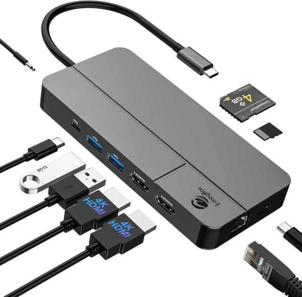 NÖRDIC USB-C Dockningstation 1 till 10 med 2xHDMI 4K60Hz 1xPD100W 1xRJ45 GigaLan 1xSD/MicroSD 2xUSB-A 1xUSB-C 1xAudio stöd MacBook M1, M2, M3, och M4