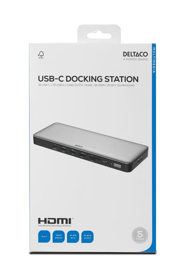 USB-C dock, triple, 2x HDMI/DP, USB-C/USB-A/RJ45/SD/3.5mm