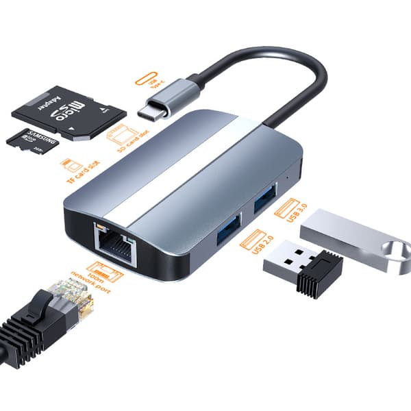 INF 5-i-1 USB-C-hubb med Ethernet, SD/TF-kortläsare