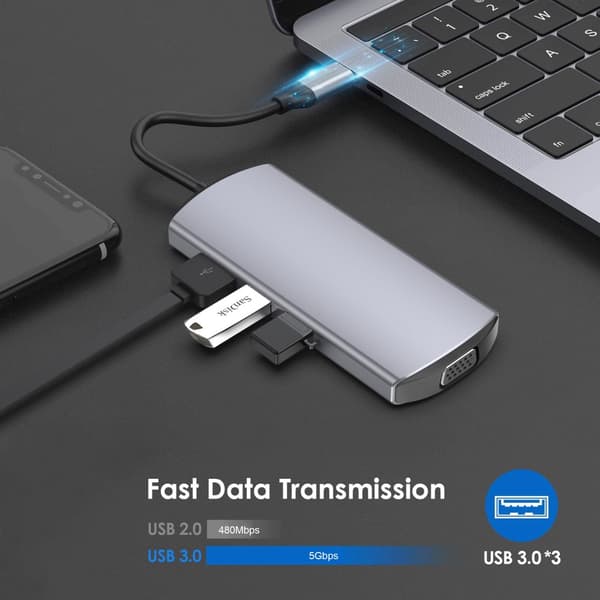 INF 8-i-1 USB-C-hubb med multiport-adapter med HDMI, Ethernet, USB 3.0 och PD-laddning